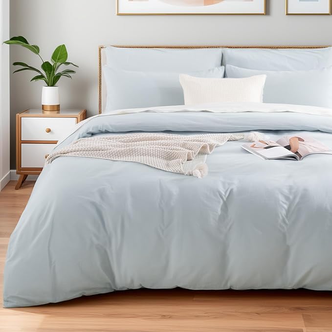 NEXHOME PRO Duvet Cover Set King Size Linen Look Textured Organic Natural 100% Washed Cotton Duvet Cover 3 Pieces Bedding Set with Zipper Closure, Breathable, Soft, Light Baby Blue (No Comforter)