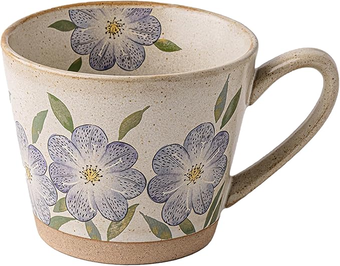 15oz Vintage Floral Ceramic Coffee Mug, Hand-Painted Lead-Free Tea Cup with Comfort Handle, Microwave & Dishwasher Safe for Home Office & Gift for Women (Purple Floral, 15, ounces)