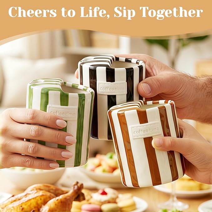 Ceramic Coffee Mug Novelty Ceramic Travel Mug Cute Espresso Cups To Go Anthropologie Latte Cups Aesthetic Brown Pottery Mugs With Sip Hole 10oz Clay Striped Vintage Handmade Coffee Cup for Home