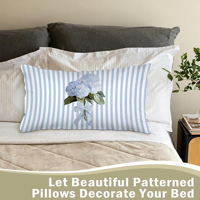 Blue Hydrangea 12x20 Pillow Cover,Blue Hydrangea Decor,Grandmillennial Blueness and Green Botanical Flower Lumbar Throw Pillow Covers for Couch Sofa Home Bedroom Living Room