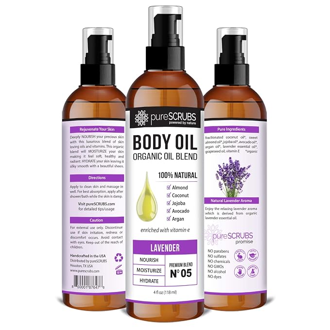 pureSCRUBS Ultra Moisturizing Lavender Body Oil for Dry Skin, 4 oz | Luxurious After Shower Body Oil for Soft, Silky, Glowing Skin, Non-Greasy, Fast Absorbing & Hydrating Formula with Vitamin E