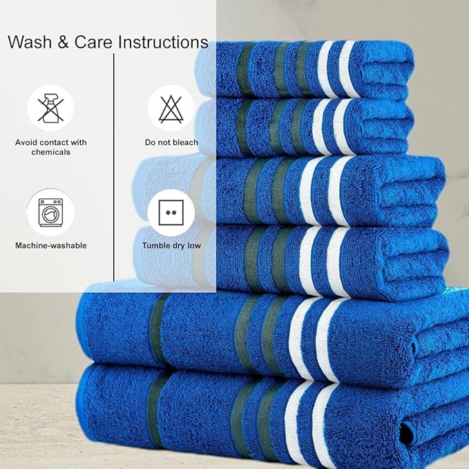 CASA COPENHAGEN Exotic 6Pcs 100% Egyptian Cotton Designer Towels Gift Set- Electric Blue, 550GSM,2Bath2Hand2Washcloths,Bath Towels for Bathroom (Box Pack,Gift Ribbon Set for Women & Men)