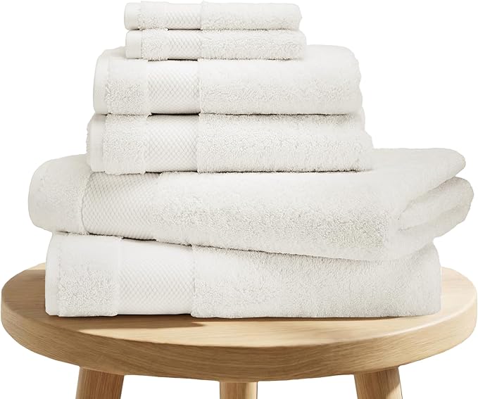 BIOWEAVES 100% Organic Cotton 700 GSM Plush 6-Piece Towel Set GOTS Certified, 2 Bath Towels, 2 Hand Towels & 2 Washcloths - Ivory