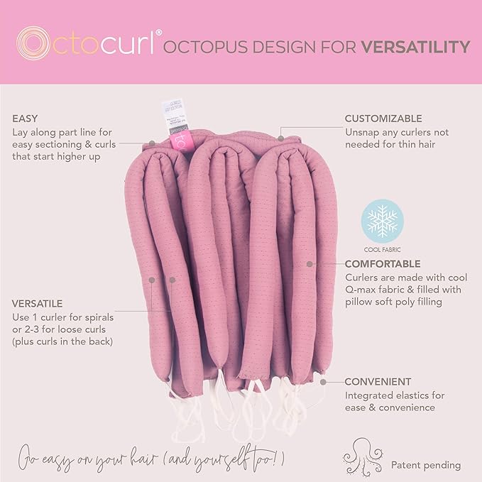 Octocurl No Headband Heatless Hair Curler – Soft Octopus Curling Wrap for Overnight Curls, Spiral, Loose, Beach Waves, Damage-Free Styling for Long Hair (QMax - Mauve)