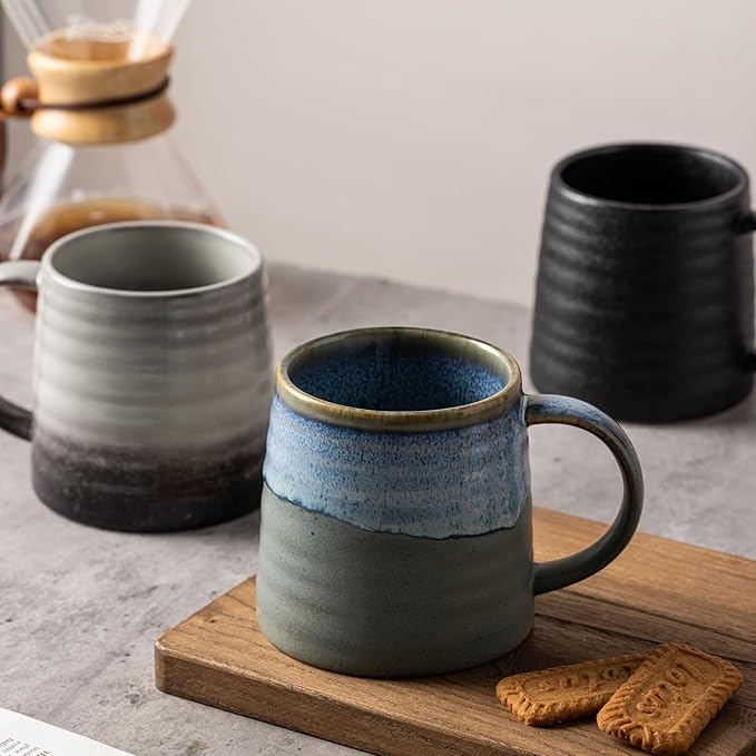 15.5 Oz Large Reactive Glaze Ceramic Mug, Heavy Weighted Stoneware Coffee Cup, Wide Base, Thick Wall Big Tea Cup with Custom Package Box, Microwave & Dishwasher Safe(Blue-Grey)