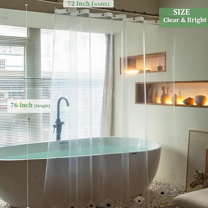 Clear Shower Curtain Liner 76 inches Long with 6 Magnets, PEVA Lightweight Plastic Waterproof Extra Long Shower Liner 72x76 Inch Length for Bathroom