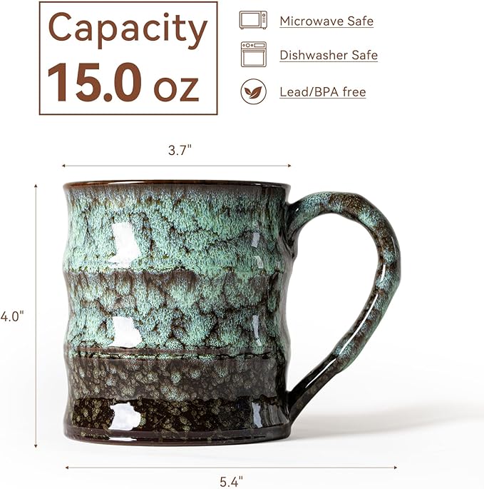 Unique Reactive Glaze Ceramic Coffee Mug - 15 oz Large Coffee Cup with Ergonomic Large Handle, Forest Green Ceramic Mug for Office & Home, Great Birthday Gift for Women, Men & Friends