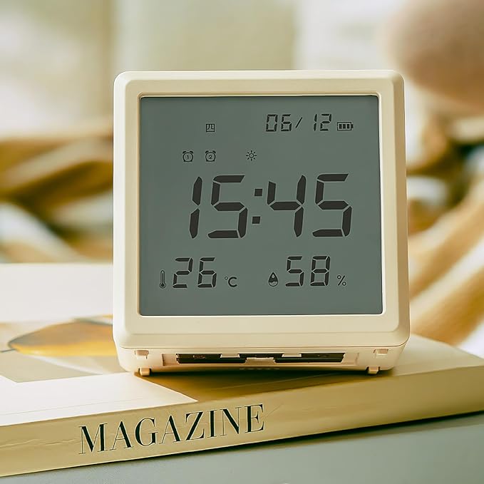JUSTUP Digital Alarm Clock, Square Silent Alarm Clock with Night Light, Loud Alarm Clock for Heavy Sleepers with Date Temperature Display, Modern Decor Desk Clock Bedroom Office Room (White)
