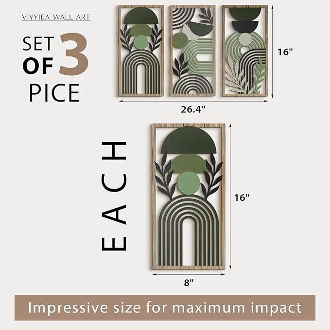 VIYYIEA Boho Solid Wood Carved Wall Art Set of 3, Geometric Minimalist Wooden Home Decor Panels, Handcrafted Solid Wood Wall Hanging for Living Room Bedroom Hallway, 16 x 8 Inch Each (Boho Green)