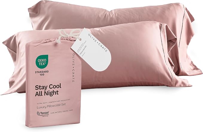 Olive + Crate Tencel Eucalyptus Pillowcases - 100% Tencel Lyocell Cooling Pillow Cases for Hot Sleepers - Hypoallergenic, Moisture-Wicking, Silk Alternative, Vegan - King Size Set of 2 [Rose Blush]