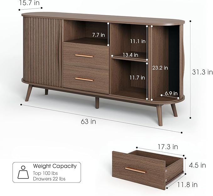 JOINICE Walnut Sideboard Buffet Cabinet with Storage for Dining Room，63" | Mid-Century Modern Storage Cabinet,2 Drawers&Fluted Sliding Doors,Solid Wood Legs,adjustable shelf,supports up to 100 lbs