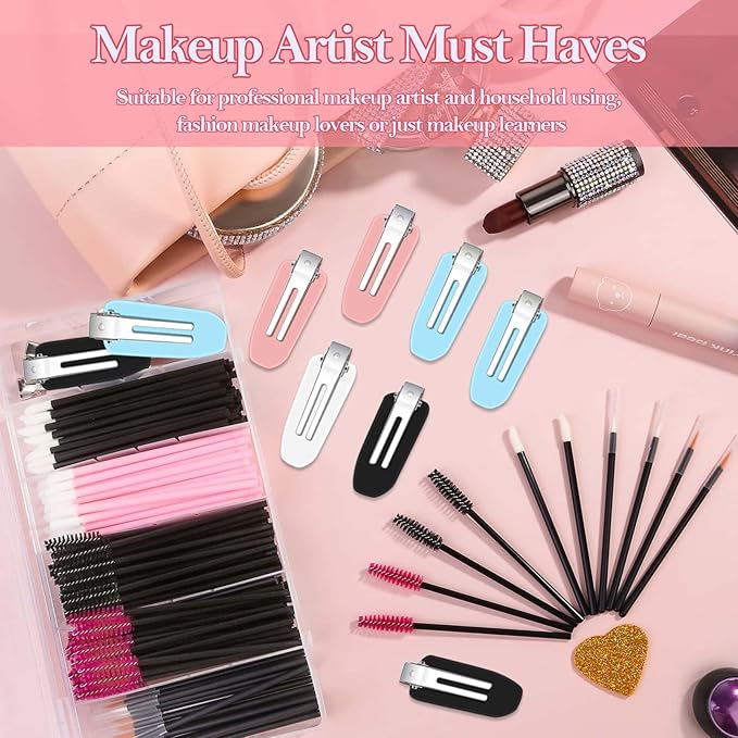 Disposable Makeup Applicators Kit with Triangle Puff Mixing Palette, Artist Supplies Disposable Mascara Wands, Lip Brushes, Hair Clips Powder Puffs for Face with Storage Box