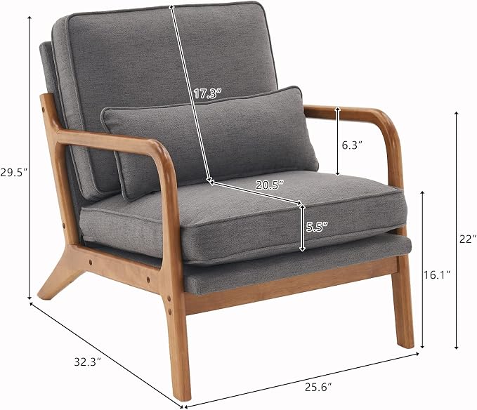 Karl home Mid-Century Modern Accent Reading Chair, Grey | Linen Upholstered, Solid Wood Frame, Soft Cushion, Lumbar Pillow, Lounge Armchair for Living Room, Bedroom, Balcony, Study