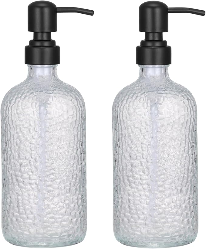 2-Pack Dimpled Finish Clear Glass Soap Dispensers with Matte Black Stainless Steel Pumps, 16 oz Refillable Bottles for Kitchen & Bathroom (Dimpled Finish-Black Pump)
