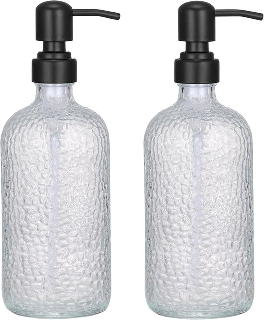 2-Pack Dimpled Finish Clear Glass Soap Dispensers with Matte Black Stainless Steel Pumps, 16 oz Refillable Bottles for Kitchen & Bathroom (Dimpled Finish-Black Pump)