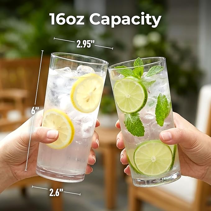 Zulay Kitchen Plastic Drinking Glasses (Set of 6) – 16oz Acrylic Shatterproof Water Cups for Home, Kitchen & Outdoors – Crystal Clear Glass Look – BPA & Lead-Free – Top-Rack Dishwasher Safe