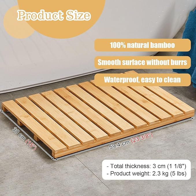 Rectangle Shower Mat Bamboo, Stable Bath Mat Dual Anti-Slip for Surface Bottom, Wide Slats Hollow Bathroom Drain Board for SPA Zone(Natural)