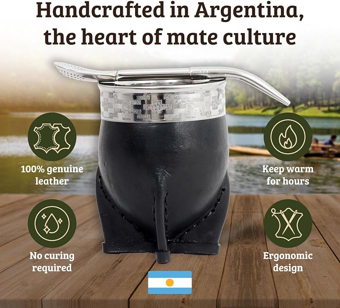 Mate Imperial – Yerba Mate Cup and Bombilla Set | Handmade Argentina Mate Gourd | Stainless Steel Mate Mug for Tea Lovers | Unique Cultural Gift (PAMPA, BLACK)