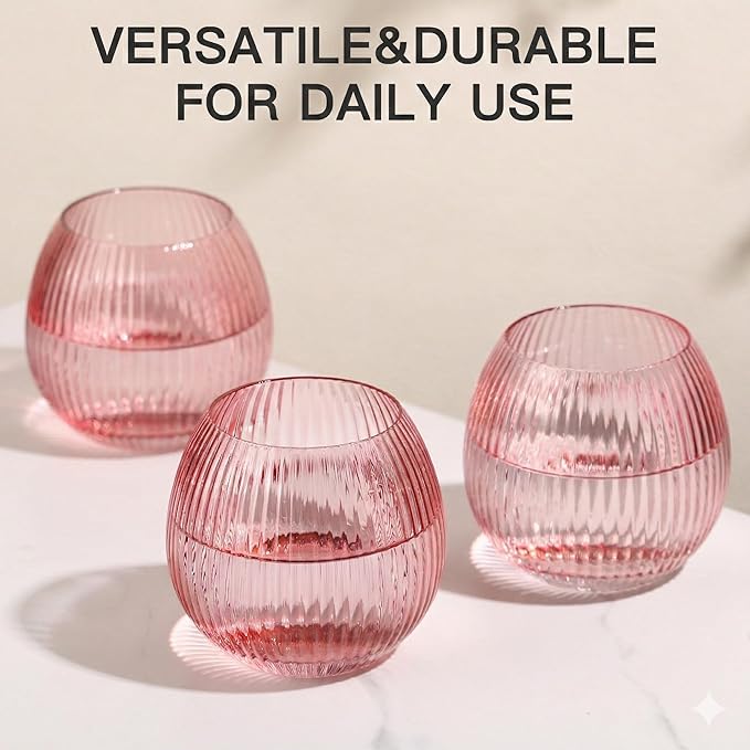 JOVGANK Pink Ribbed Drinking Glasses Set of 6-10.8 OZ Stemless Wine Champagne Whiskey Cocktail Glass, Reusable Wine Cups for Home Party Wedding Bar