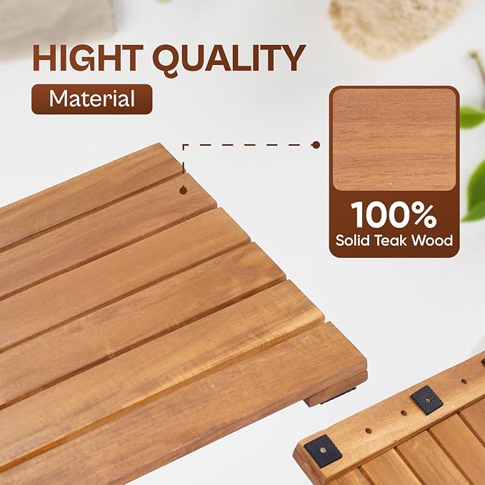 Wooden Shower Mat 13×20 in – Solid Acacia Wood Bath Mat, Non-Slip Feet, Slatted Fast-Drainage Design – Spa, Bathroom & Outdoor Use (Acacia)
