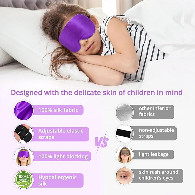 Kids Sleep Mask Eye Cover, 100% Real Natural Pure Silk Eye Mask with Adjustable Strap, Blindfold Kids Eye Mask for Sleeping, Eye Shade for Boys Girls and Adult, Pressure-Free Comfort (Violet)