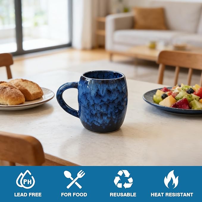 21oz Unique Handmade Ceramic Coffee Mug - Kiln Change Artisan Pottery, Large Handle, Microwave & Dishwasher Safe, Lead-Free Thick Stoneware, Gift for Office, Men & Women (Deep Blue)