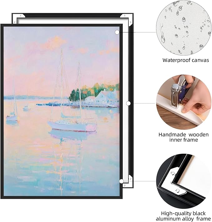 Coastal Pink Wall Art Set of 3 Maximalist Ocean & Beach Landscape Canvas Poster Trendy Sailboats Flowers Sunset Painting Pastel Picture Prints for Bedroom Home Decor 16x24inch Aluminum Framed