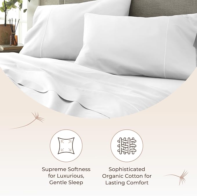 Certified Organic Full Flat Sheet Only - 100% Organic Cotton Top Sheet with Luxurious Soft and Breathable 500 Thread Count Sateen Weave Finish - GOTS & Fairtrade Certified (White, Full)
