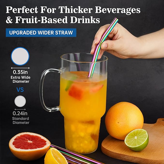 Tomorotec 40oz Straws, 14PCS Stainless Steel Replacement Straws Fit for Stanley 40oz Adventure Quencher Travel Tumblers w/Cleaning Brushes 2PCS, Food-Grade, Dishwasher Safe for Smoothies (Metallic)