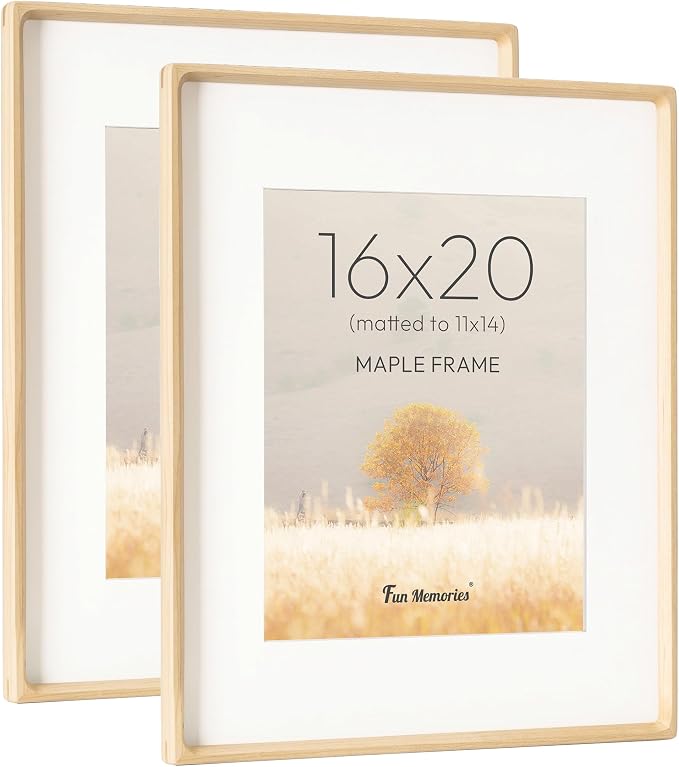 16 x 20 Picture Frame, USA-Sourced Maple Wood Photo Frames with HD Tempered Glass, Handcrafted Rounded Corner 16x20 Wooden Frames Matted to 11x14 Photos, Horizontal or Vertical Wall Display, 2 Pack