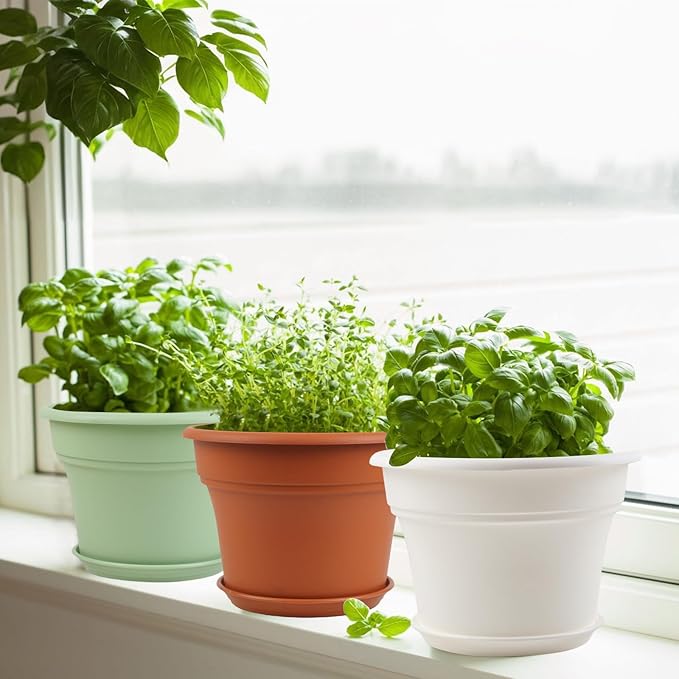 Pottiffe 10 Inch Plastic-Flower-Pot-for-Indoor-Plants, 4 Pack Large Outdoor Planter Pot with Drainage Holes & Saucers, Resin Decorative Garden Pots Planters