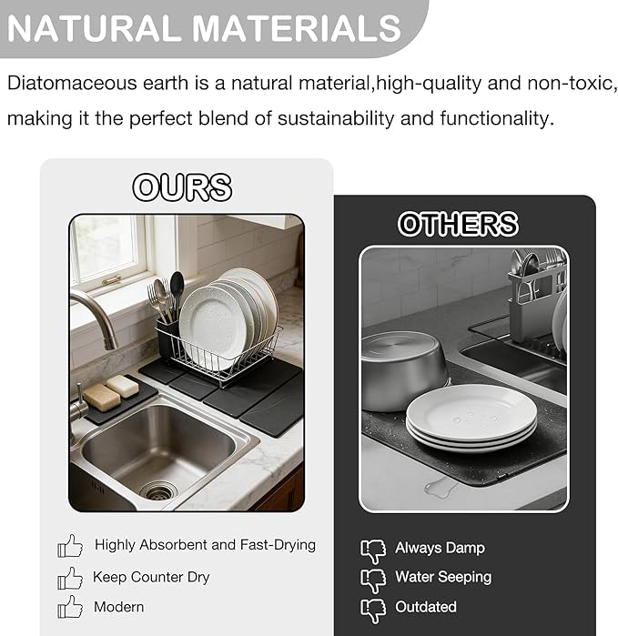23.6"×15.7" Diatomaceous Earth Stone Dish Drying Mat, Foldable Super Absorbent Quick Dry Non-Slip Eco-Friendly Pad for Kitchen Counter, Dishes, Cups, Bottles & Utensils, Dark Gray