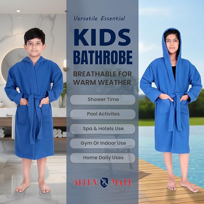 ALLEN & MATE 100% Cotton Waffle Terry Towel Hooded Kids Bathrobe – Soft Absorbent Medium Weight Swim Robe for Boys & Girls