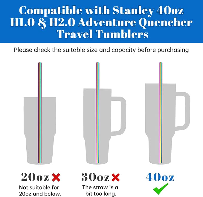 Tomorotec 8PCS Stainless Steel Straws Fit for 40oz Stanley Tumblers | 12" Reusable Drinking Straws with Brush, 4 Bent & 4 Straight Straw for Smoothies, Milkshakes, Dishwasher Safe (Metallic)