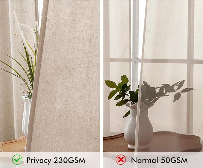 MIULEE Non-See-Through Privacy Linen Curtains 2 Panels, Light Filtering Window Curtains Farnhouse Textured Back Tab Semi Sheer Drapes for Bedroom Living Room, 52 x 63 Inches Long, Beige