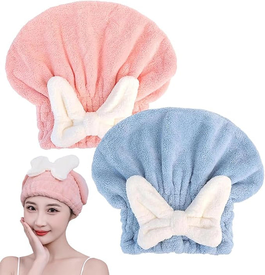 Microfiber Hair Drying Caps for Women 2Pack Pink+Blue | Ultra Absorbent Hair Towels Wrap Turban,Microfiber Bath Towels Bow Shower Cap for Wet Hair,Great Hair Products Gift for Girls