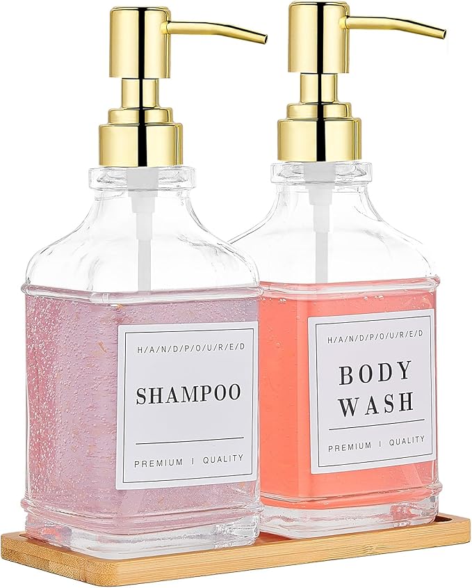Glass Soap Dispenser with Pump,Tray,Funnel, Countertop Soap and Lotion Dispenser Set of 2 with 60 Stickers, Dish and Hand Soap Dispenser Bottle for Kitchen,Bathroom,Shower,500ml/16.9oz
