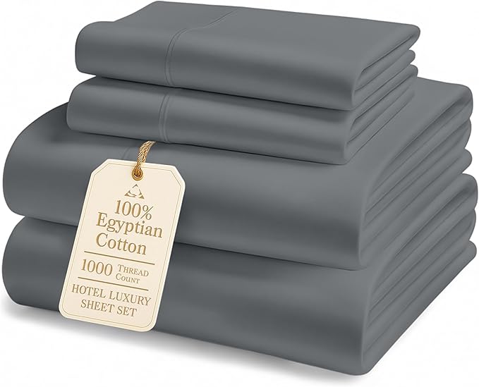 LANE LINEN 100% Egyptian Cotton Full Size Bed Sheets Set - 1000 Thread Count, Soft & Comfy No Pill Fade Resistant Natural Cooling Mercerized Cotton Sheets Full Size Bed 15" Deep Pocket - Charcoal