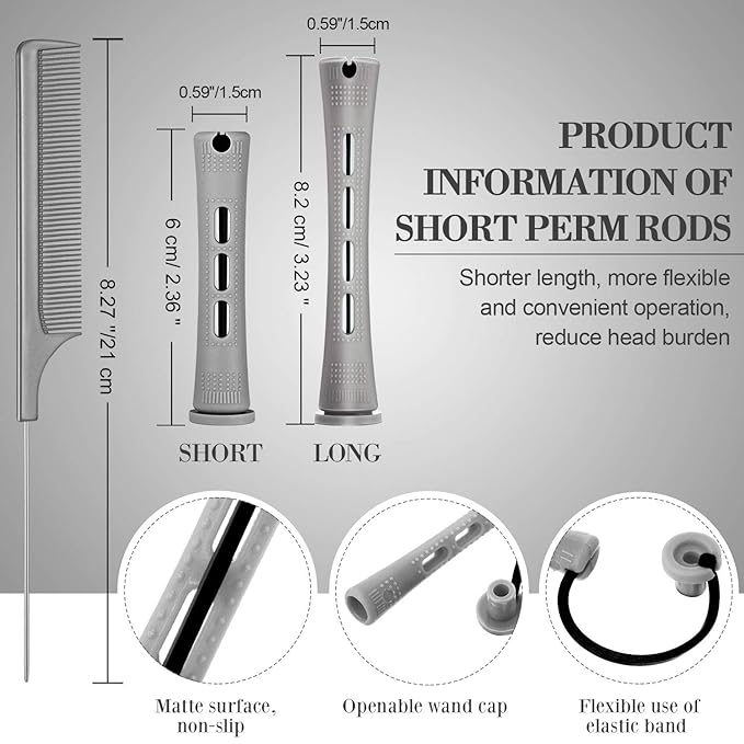 48 Pieces Hair Perm Rods Short Cold Wave Rods Plastic Perming Irons Hair Curling Rollers Curlers with Steel Pintail Comb Rat Tail Comb for Hairdressing Styling Supplies(0.59 Inch,Gray)