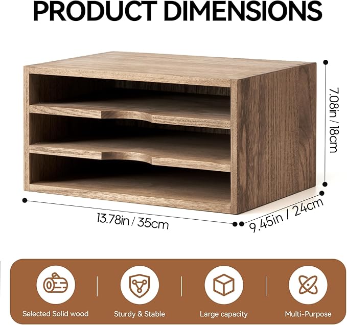 KIRIGEN Wooden Desktop Organizer, 3 Tier Solid Wood Letter Tray and Paper File Sorter for Desk, Freestanding Office Document Holder for Mail, Magazines, Folders, 13.78 x 9.45 x 7.08 in Brown 3KWJG-DBR