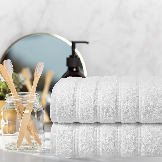 Briarwood Home Medley Bath Towels 2-Pack 27"x54", Soft, Quick-Dry, Super Absorbent, 100% Organic Cotton, Dobby Ribbed Border, Lightweight, Lint-Free, Fade-Resistant Bath, Gym, Spa - White