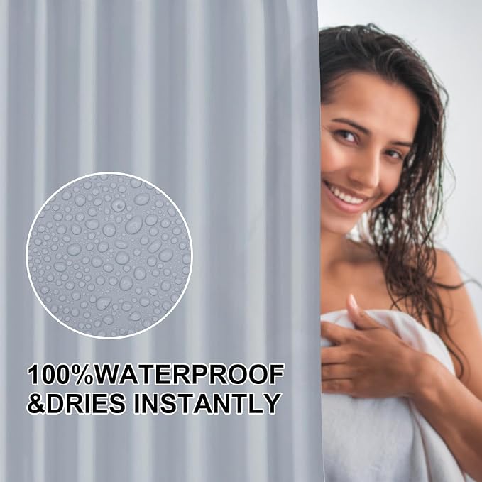 timecity Grey Shower Curtain Liner Plastic Bath Curtain with 3 Magnets Thickened Water Proof Quick Drying Shower Curtain Set with 12 White Hooks Plastic Shower Liner for Bathroom Shower,71x71inch
