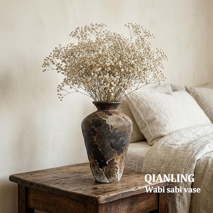 Wabi Sabi Decor Rusty Vintage Vase - 8.7" Tall Rustic Farmhouse Wabi Sabi Vase for Centerpiece, Pottery Stone Flower Vases for Home Decor, Table, Living Room, Bedroom, Bathroom, Kitchen (Smoky Earth)