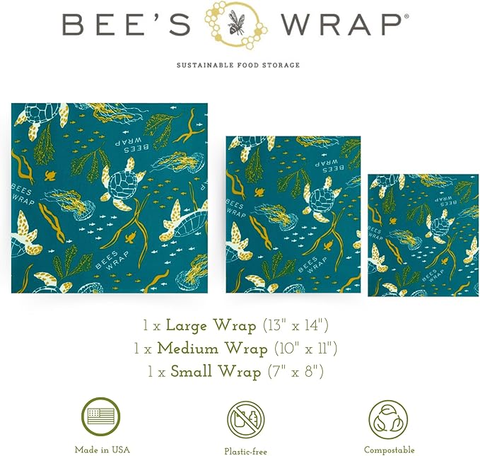 Bee's Wrap Ocean Conservation Set - Beeswax Food Wraps Bundle Includes 1 Bread Wrap, 1 Cut to Size Roll & 3 Assorted Wraps - Made in the USA Beeswax Reusable Wraps for Food