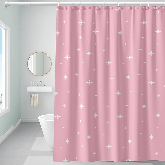 Plastic Shower Curtain Liner, Premium EVA 5G Pink Star Shower Curtain, Shower Curtains for Bathroom with 3 Magnetic Weights and Rustproof Grommets (Pink Star, 72x72 in)