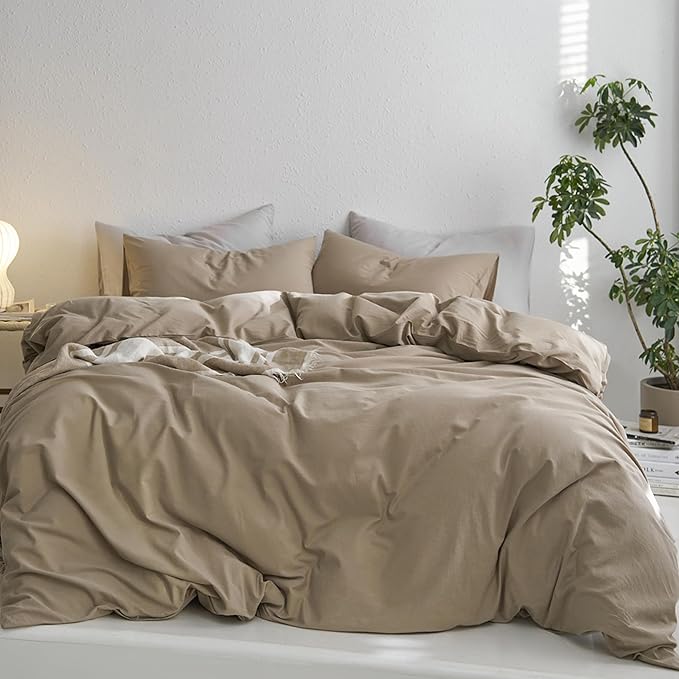 MooMee California King Duvet Cover Set, 100% Washed Cotton Linen Like Twill Thick Sturdy Material Super Soft Breathable Durable Bedding for All Season, 3 Pieces (Mocha Brown, Cal King 104"x98")