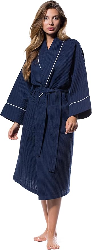Turquaz Lightweight Waffle Knit Kimono Bathrobe - Soft Cotton Blend Spa Robe, Fast-Drying Full-Length Unisex Robes for Women