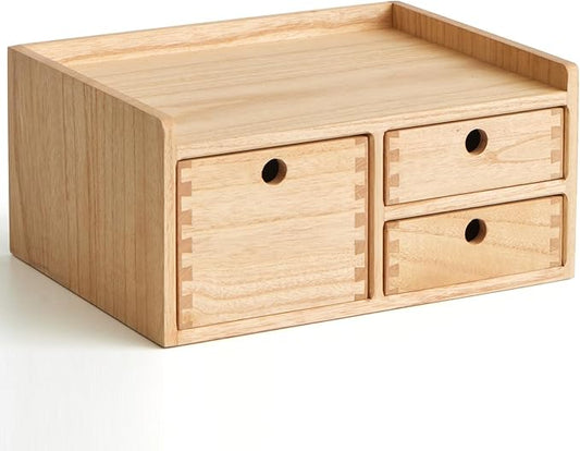 KIRIGEN Desk Organizer with 3 Drawers - Wood Drawer Storage Box with Trays for Tabletop - Workspace Office Toiletries Supplies Tool Caddy - Wooden Storage Cabinet Natural（DT1D3C-NA）