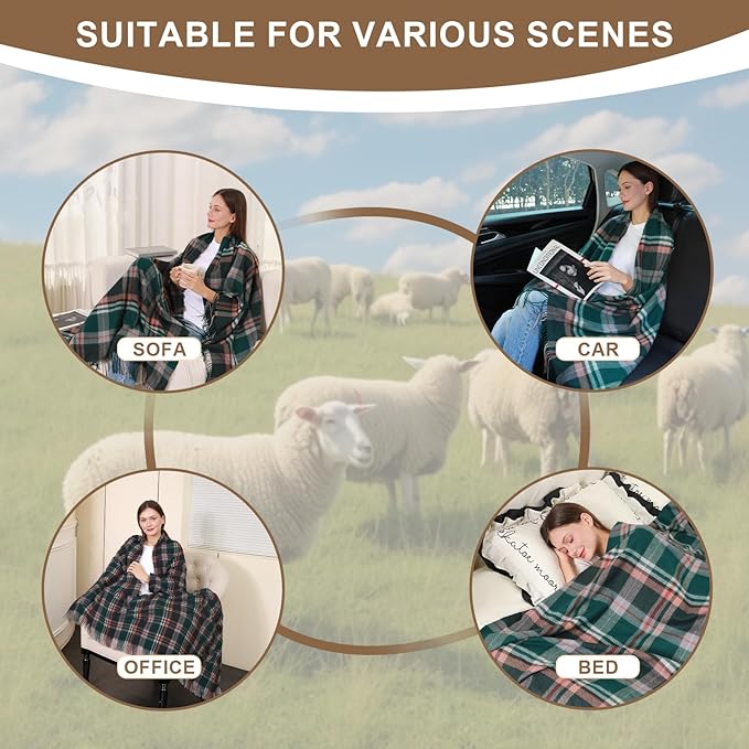 100% Wool Blanket Throw,Green Plaid Wool Blanket with Compact Bag,Rustic Soft Lightweight Blanket for Couch,Sofa,Bed & Lounging Decoration, Warm Travel Blanket for Home, Airplane,Ideal Gifts 55"x83"