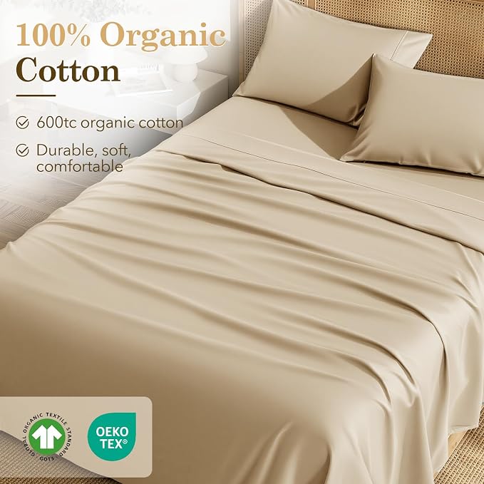 SONORO KATE 100% Organic Cotton Sheets Set - 600 Thread Count, GOTS Certified Cotton Bed Sheets, Soft, Breathable & Silky Sateen Weave Sheets, 16" Deep Pockets - 4 PC (Beige,Queen)